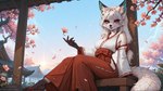 anthro asian_clothing cherry_blossom cherry_blossom_tree cherry_tree clothed clothing east_asian_clothing female fruit_tree fully_clothed fur hair japanese_clothing long_hair looking_at_viewer miko_outfit petals plant red_eyes shrine sitting smile solo sunset tree white_body white_hair anotherneko canid canine fox mammal absurd_res hi_res