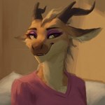 ai_assisted anthro clothing eyebrows eyeshadow female fur hair horn makeup mythology parted_lips pink_clothing pink_shirt pink_topwear shirt solo teeth topwear yellow_eyes sappy_(director) dragon furred_dragon mythological_creature mythological_scalie scalie bust_portrait hi_res oil_painting_(artwork) painting_(artwork) portrait traditional_media_(artwork)