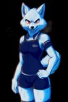 animated animatediff_(module) anthro bodily_fluids breath canid canine canis conroybigu female fur furtasticv20_(model) glare gym_clothing hi_res looking_at_viewer mammal panting red_eyes solo standing sweat white_body white_fur wolf