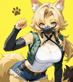 anthro blonde_hair breasts cleavage clothed clothing crop_top eyelashes female fluffy fluffy_tail footprint fur green_eyes hair long_hair looking_at_viewer mask neck_tuft pawpads pawprint shirt simple_background solo topwear tuft yellow_body yellow_fur zenless_zone_zero pulchra_fellini felid feline mammal hi_res
