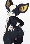 balls big_butt black_body black_fur blue_eyes butt fur genitals hands_on_hips looking_at_viewer male penis simple_background small_penis solo white_background white_body white_fur maxoggami_(director) iggy_(jjba) boston_terrier canid canine canis domestic_dog hunting_dog mammal molosser small_molosser terrier toy_dog hi_res