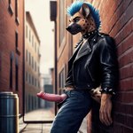 absurd_res alley anthro bottomwear clothing denim denim_clothing exhibitionism genitals hi_res hyaenid jacket jeans knot leather leather_clothing leather_jacket leather_topwear male mammal mohawk pants penis public punk pup_tobey solo topwear