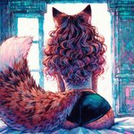 anthro butt canid canine clothed clothing colorful director_sunshine female fluffy fluffy_tail fox fully_clothed fur hair mammal rear_view solo