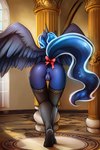 absurd_res accessory aiboi anthro anus blue_anus blue_body bodily_fluids bow_ribbon clothing cosmic_hair ethereal_hair feathered_wings feathers female furgonomics genital_fluids genitals hi_res inside legwear looking_away my_little_pony princess_luna_(mlp) pussy pussy_juice rear_view ribbons solo spread_wings tail_accessory tail_bow tail_ribbon thigh_gap thigh_highs wings