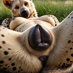 animal_genitalia animal_pussy anthro anus black_anus black_pussy breasts brown_body brown_eyes brown_fur canine_genitalia canine_pussy close-up detailed_fur female fur genitals looking_at_viewer lying multicolored_body multicolored_fur nipples nude nude_female on_back outside photorealism presenting presenting_pussy pussy solo spots spotted_body spotted_fur spread_legs spreading furontap hyaenid mammal spotted_hyena 1:1 2025 colored detailed