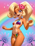 anthro bikini blonde_hair bottomwear breasts clothing eyebrows eyelashes female flower fur hair happy looking_at_viewer multicolored_eyes navel orange_body orange_fur plant pose psychedelic rainbow slim small_breasts smile swimwear sherlock_hound_(director) crash_bandicoot_(series) coco_bandicoot hi_res watermark