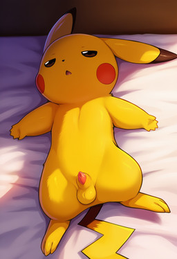 animal_genitalia animal_penis balls bed erection feet feral fingers fur furniture genitals half-closed_eyes half-erect looking_away lying male narrowed_eyes on_back on_bed open_mouth penis penis_tip sheath solo spread_arms tail tapering_penis toes tongue yellow_body yellow_fur jomisa nintendo pokemon generation_1_pokemon mammal pikachu pokemon_(species) rodent digital_media_(artwork) hi_res
