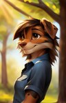 absurd_res anthro australian_shepherd canid canine canis clothing domestic_dog female fluffy forest herding_dog hi_res highlights_(coloring) light mammal pastoral_dog plant sheepdog shirt solo sunlight topwear trake_legend tree