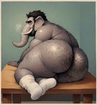 anthro arm_hair beard bedroom_eyes big_butt body_hair butt butt_hair clothing elephant elephantid facial_hair footwear hi_res male mammal narrowed_eyes nikol-ai presenting presenting_hindquarters proboscidean seductive socks solo tusks