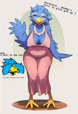 anthro avian_feet avian_legs beak belly big_breasts big_butt blue_body blue_feathers bodily_fluids breasts butt cleavage clothed clothing curled_hair duo embarrassed eyewear feathers female gem glasses hair jewelry male male/female mature_female necklace pearl_(gem) pearl_necklace sagging_breasts sweat kokenaart deltarune undertale undertale_(series) berdly berdly's_mom avian bird humanoid hi_res novelai