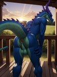 anthro anus back backsack balls blue_body building butt caribbean_green_body cottage dragon dragon_farmer genitals hi_res house logically looking_at_viewer male nude presenting presenting_anus presenting_balls presenting_hindquarters scales scalie solo spikes spikes_(anatomy) sunset