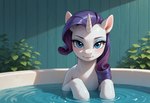 bathing bathtub blue_eyes blush female feral fur hair horn looking_at_viewer outside partially_submerged plant prefect_pony_xl purple_hair solo tuft water wet wet_body wet_fur white_body white_fur humgeogre friendship_is_magic my_little_pony rarity_(mlp) equid equine horse mammal pony hi_res