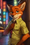 against_surface against_wall anthro city city_background clothed clothing fully_clothed looking_at_viewer male necktie neon_lights smile solo zootopia cynfall nick_wilde canid canine fox mammal hi_res