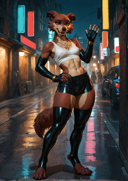 5_fingers anthro armwear black_lips bottomwear bra bracelet breasts camel_toe chest_tuft claws clothing digitigrade elbow_gloves eyelashes eyeshadow female fingerless_gloves fingers front_view gesture gloves gold_(metal) gold_jewelry hand_on_hip handwear jewelry latex latex_armwear latex_clothing latex_legwear legwear lips makeup navel necklace night nipple_outline open_mouth outside paws prostitution shorts slim slim_female small_breasts smile solo sports_bra standing street teeth thigh_highs thong_straps tight_clothing tongue tuft underwear waving waving_at_viewer wide_hips chamir136_(director) beastars juno_(beastars) canid canine canis humanoid mammal wolf absurd_res hi_res