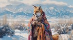 anthro black_nose cloak clothing cloud coat colorful_clothes female handwear hat headgear headwear hood mittens mountains orange_eyes peruvian_coat red_tail river sky snow solo solo_focus tail topwear winter wool_clothing wool_coat wool_hat wool_headwear bahufaru canid canine fox lycalopex mammal sechuran_fox hi_res painting_(artwork) traditional_media_(artwork)