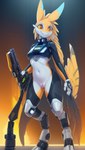 absurd_res anthro avali avian bird breasts chest_tuft clothing collar cyberpunk digimacska17 female fur future genitals grey_body grey_fur hair hi_res looking_at_viewer multicolored_body navel nipples nude orange_eyes pussy smile solo tuft white_body white_fur