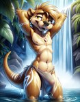 anthro aroused bottomwear bulge clothed clothing dripping_wet flirting fur hands_behind_head jungle loincloth looking_at_viewer male male/male markings navel nipples pinup pose seductive smile solo standing_in_water tenting topless translucent translucent_clothing tribal tribal_markings waterfall wet wet_body wet_fur yellow_eyes otterball lutrine mammal mustelid hi_res