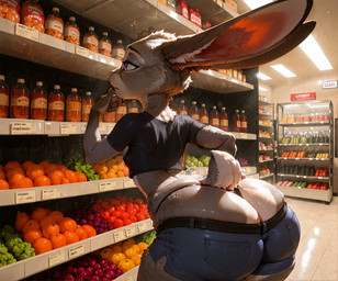 anthro big_butt bottomwear breasts butt butt_cleavage clothing cropped_shirt disney female fur grocery_store hand_on_chin hand_on_hip huge_butt leaning leaning_forward nipple_outline nipples shorts small_breasts solo thinking thong underwear doggyai zootopia judy_hopps lagomorph leporid mammal rabbit hi_res