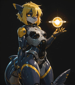 anthro armor blonde_hair energy female hair looking_at_viewer machine multicolored_body orb pupils robot_joints robotic_body short_hair slit_pupils solo standing xorvexai mascot_2025 fish hybrid marine robot shark absurd_res hi_res