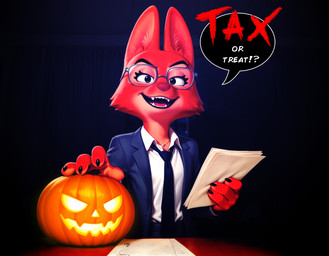 4_fingers anthro clothed clothing costume dialogue eyewear female fingers food fruit fur glasses halloween holidays jack-o'-lantern looking_at_viewer necktie open_mouth paper plant pumpkin red_body red_fur smile solo suit teeth text hank94_(director) the_bad_guys diane_foxington canid canine fox mammal english_text hi_res