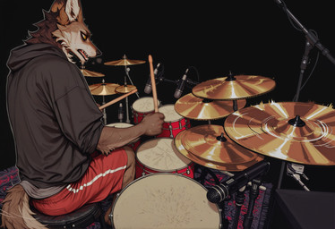 bags_under_eyes black_clothing black_hoodie black_topwear bodily_fluids bottomwear brown_body brown_fur chin_tuft clothing drum facial_tuft fur furniture grey_clothing grey_shirt grey_topwear gym_bottomwear gym_clothing gym_shorts hoodie impact male microphone motion_blur musical_instrument open_mouth percussion_instrument red_bottomwear red_clothing red_shorts rug shirt shorts sitting solo stool sweat tail_motion tailwag tan_body tan_fur topwear yellow_eyes koyo canid canine canis coyote mammal hi_res