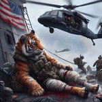 aircraft anthro armor background_character bandage bandages belt black_stripes blood blood_covered blood_on_ground blood_pool blood_splatter boat bodily_fluids clothing felid fur gore group gun helicopter human male mammal markings medical_procedures military military_uniform nikkolaus orange_body orange_fur pantherine pink_nose ranged_weapon rifle sea seascape seaside ship sniper_rifle stars_and_stripes striped_body striped_fur striped_markings striped_tail stripes tail_markings tiger topwear uniform united_states_of_america vehicle vest water watercraft weapon