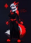 anthro big_breasts breasts claws clothed clothing facial_markings female fluffy fluffy_tail fur hair head_markings looking_at_viewer markings neck_tuft red_eyes red_markings runes short_hair solo tuft white_body white_fur icefoxai canid mammal hi_res