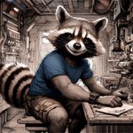 anthro black_nose bottomwear brown_body brown_fur clock clothing fur furniture guardians_of_the_galaxy happy inside looking_at_viewer male markings peaceful relaxed shirt shorts sitting smile smiling_at_viewer solo space_station striped_markings striped_tail stripes tail_markings tools topwear watch workshop a_tair_in_reality rocket_raccoon mammal procyonid raccoon hi_res