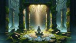 absurd_res ambiguous_gender anthro crossed_legs female glowing hi_res light light_beam moss oldhroft plant ruins sitting_on_ground solo sunbeam sunlight synth_(vader-san) temple wallpaper