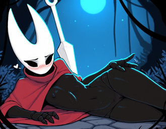 <3 anthro black_body black_eyes blush bottomless bottomless_female breasts cloak clothed clothing detailed_background empty_eyes erect_nipples female fingers flat_chested full_moon genitals hand_on_hip innie_pussy light lying melee_weapon moon moonlight mostly_nude navel night nipples on_side outside plant pussy red_clothing shy small_breasts small_waist solo weapon wide_hips colossal_exhoost_fume hollow_knight_(franchise) team_cherry hornet_(hollow_knight) arthropod insect hi_res