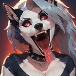 anthro black_body black_fur black_nose bodily_fluids breasts cleavage clothed clothing collar ear_piercing ear_ring facial_tuft fangs female front_view fur gaping_mouth grey_body grey_fur grey_hair hair long_hair looking_at_viewer mouth_shot notched_ear open_mouth piercing presenting_mouth pupils red_sclera red_tongue ring_piercing saliva saliva_on_tongue saliva_string sharp_teeth simple_background slit_pupils solo spiked_collar spikes teeth tongue tongue_out tuft uvula white_body white_eyes white_fur anotheranon loona_(helluva_boss) canid canid_demon canine demon hellhound mammal absurd_res bust_portrait hi_res portrait