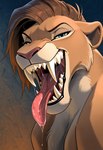 black_lips blue_eyes bodily_fluids fangs female lips looking_at_viewer narrowed_eyes open_mouth sabertooth_(anatomy) saliva sharp_teeth teeth tongue tongue_out anonymous_director felid feline lion mammal pantherine hi_res