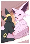 black_body black_fur blush cunnilingus duo female feral feral_on_feral fur genitals male male/female open_mouth oral pink_body pink_fur pussy sex tongue tongue_out vaginal anguirus12345 nintendo pokemon eeveelution espeon generation_2_pokemon pokemon_(species) umbreon hi_res