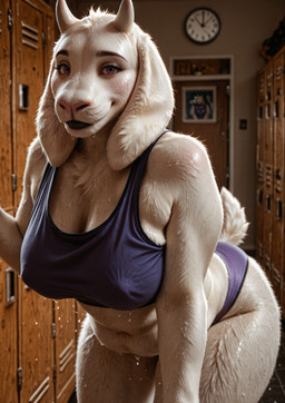 anthro belly black_lips bodily_fluids breasts chest_tuft clothing day female happy horn inside leaning leaning_forward lips locker_room looking_at_viewer mature_female medium_breasts navel nipple_outline panties shirt slightly_chubby smile solo sweat sweatdrop sweaty_body tank_top thick_thighs topwear tuft underwear wide_hips chamir136_(director) undertale_(series) toriel bovid caprine goat humanoid mammal hi_res