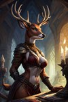 accessory anthro antlers armor breasts candle capreoline cervid cleavage clothed clothing countershade_face countershade_fur countershade_tail countershade_torso countershading drakkenfyre female fur furniture horn mammal skimpy solo solo_focus table unconvincing_armor white-tailed_deer