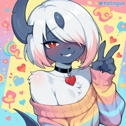 5_fingers <3 anthro blush chest_tuft claws clothed clothing collar collar_tag cute_fangs femboy fingers front_view fur gesture hair hair_over_eye happy heart_collar_tag horn looking_at_viewer male multicolored_hair narrowed_eyes off_shoulder one_eye_obstructed pink_hair red_eyes short_hair shoulder_tuft simple_background smile solo sweater tail tan_body teeth topwear tuft two_tone_hair upper_body v_sign white_body white_fur white_hair kaltingale_(director) nintendo pokemon absol generation_3_pokemon pokemon_(species) hi_res portrait signature