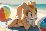 anthro balloon beach beach_towel bikini blush brown_eyes butt clothed clothing female fur happy inflatable lying navel outside sand scut_tail sea seaside short_tail smile solo swimwear towel tuft water metal-x sonic_the_hedgehog_(series) cream_the_rabbit lagomorph leporid mammal rabbit 2025 alternate_version_at_source hi_res