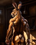 anthro balls bottomwear brown_body brown_fur bulge butt cabin clothing detailed_bulge felid feline fur genitals hands hybrid keebler lagomorph leporid loincloth male mammal muscular rabbit rear_view solo tribal