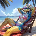 1:1 anthro athletic athletic_female beach beach_towel bikini black_nose blue_body blue_eyes blue_scales blush breasts capcom clothing colored countershading curvy_figure eyewear eyewear_on_head fanged_wyvern female hair hands_behind_head humanoid looking_at_viewer lying monster_hunter narrowed_eyes navel non-mammal_breasts on_back pink_clothing pink_swimwear plant rustingrust scales scalie sea seaside small_waist smile solo sunglasses sunglasses_on_head swimwear tan_body tan_countershading towel tree water white_hair yellow_body yellow_scales zinogre
