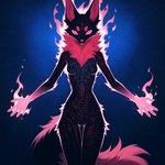 abstract_background angry anthro black_body black_fur breasts chest_tuft elemental_manipulation featureless_breasts featureless_crotch female fire fire_manipulation fluffy fur looking_at_viewer neck_tuft nude pink_body pink_eyes pink_fur robotic slim small_breasts solo thigh_gap tuft seli-32 canid canine canis mammal hi_res