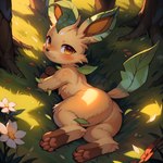 absurd_res ambiguous_gender canid canine day eeveelution feral field flower fluffy generation_4_pokemon grass hi_res leaf leafeon light looking_at_viewer lying mammal mengxi outside pawpads pink_pawpads plant pokemon_(species) quadruped rear_view solo summer sunlight