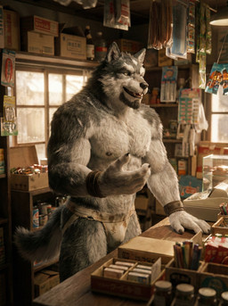 anthro clothed clothing detailed_background fur furniture grey_body grey_fur jockstrap jockstrap_only male muscular muscular_anthro muscular_male photorealism realistic realistic_fur realistic_lighting smile solo standing store underwear wristband sweet_husbando canid canine canis mammal wolf absurd_res hi_res