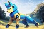 blue_body blue_fur canid cloud detailed_background esix feral fur grass kyiiel looking_at_viewer machine male mammal mascot narrowed_eyes naughty_face outdoors plant robot robotic_body seductive sky smile solo tree yellow_body yellow_eyes yellow_fur