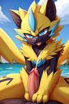 anthro beach blue_eyes bodily_fluids cum cumshot ejaculation fur genital_fluids genitals humanoid_genitalia humanoid_penis male penis seaside sit solo solo_focus tongue tongue_out yellow_body yellow_fur nikfur generation_7_pokemon legendary_pokemon pokemon_(species) zeraora