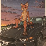 anthro arm_support bedroom_eyes bottomwear car clothed clothing cloud dusk evening grin looking_at_viewer male mountains narrowed_eyes seductive shorts sitting smile solo spread_legs spreading topless topless_male vehicle zootopia lodestone_rock_(director) nick_wilde canid canine fox mammal