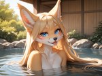 anthro bare_shoulders blonde_hair breasts female fur hair hot_spring long_hair looking_at_viewer medium_breasts nude outdoors solo solo_focus tongue tongue_out water wet magacitl canid canine fox mammal