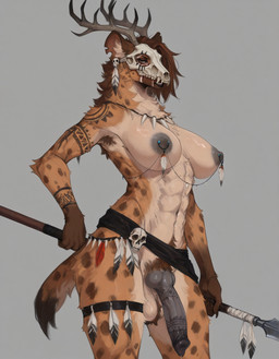 abs animal_genitalia animal_penis anthro antlers areola armpit_hair athletic athletic_gynomorph athletic_intersex ball_tuft balls big_breasts big_penis biped black_areola black_lips black_nipples black_penis body_hair bone breasts brown_areola brown_body brown_eyes brown_fur brown_hair canine_genitalia canine_penis chest_markings claws clothing crotch_tuft ear_piercing ear_ring erection feathers finger_claws fur genital_tattoo genitals grey_background gynomorph hair hanging_penis happy_trail holding_object holding_weapon horn hybrid_genitalia hybrid_penis intersex jewelry knot lips looking_at_viewer markings mask melee_weapon mostly_nude multicolored_body multicolored_fur muscular muscular_anthro muscular_gynomorph muscular_intersex necklace nipple_chain nipple_piercing nipples notched_ear penis penis_tattoo piercing polearm pubes ring_piercing sheath simple_background skull skull_head skull_mask solo spear spots spotted_body spotted_fur standing tail tan_body tan_fur tattoo teeth tribal tribal_jewelry tribal_markings tuft vein veiny_penis weapon loliconcon hyaenid mammal spotted_hyena hi_res portrait three-quarter_portrait