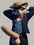 absurd_res anthro balls bedroom_eyes big_balls big_penis bodily_fluids bottomwear bow_tie clothed clothing code_0_0 genital_fluids genitals hands_behind_head hat headgear headwear hi_res huge_penis leaking_precum male mammal narrowed_eyes open_bottomwear open_clothing open_pants pants partially_clothed penis precum presenting procyonid raccoon seductive solo standing topwear vest