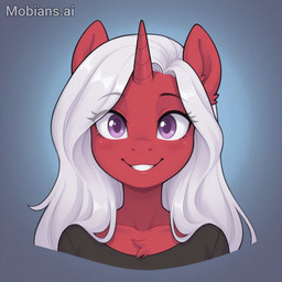 black_clothing black_shirt black_topwear chest_tuft clavicle clothing female fur horn purple_eyes red_body red_fur shirt smile smiling_at_viewer solo topwear tuft mobians.ai rcdark71_(prompter) red_flare_(oc) equid equine horse mammal pony unicorn headshot_portrait hi_res icon portrait tagme