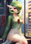 areola bedroom_eyes breasts chilon249 city clothed clothing dress female gardevoir generation_3_pokemon green_hair hair humanoid inside looking_at_viewer narrowed_eyes navel nipples pokemon_(species) red_eyes seductive sitting skimpy solo translucent translucent_clothing white_body